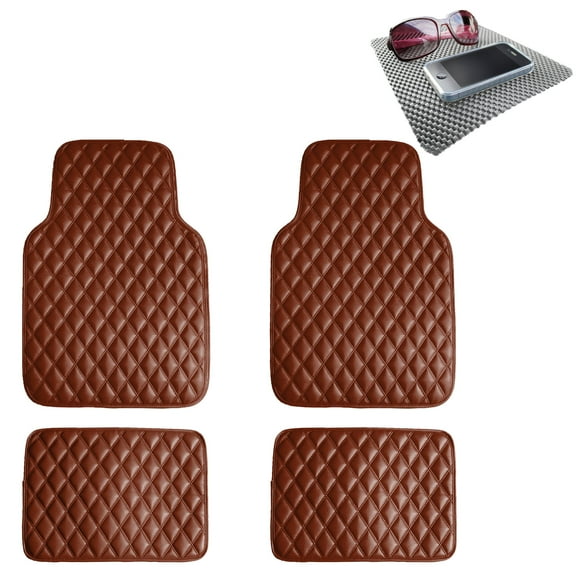 FH Group Diamond Pattern Floor Mats Leather For Car SUV Van Brown w/ Gray Dash Pad