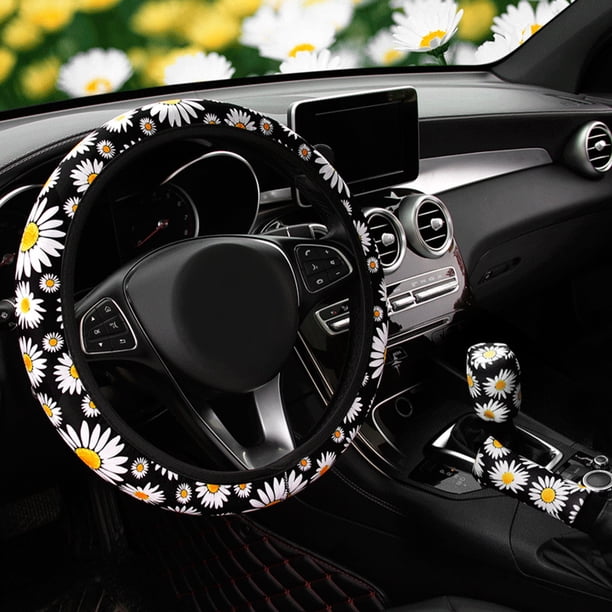 Funda para volante de coche Antideslizante con estampado de margaritas Protector de volante sin anillo interior Universal 37-38cm Juego de fundas de volante suaves y transpirables para Auto Trucks SUV