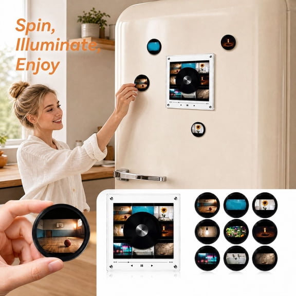 Mini Vinyl Record Player Fridge NFC Magnetic Music Box, Moody Art, 4.33 Inch Acrylic Music Magnet 9 Cards, Spinning Vinyl Night Light, Refrigerator Locker Decor