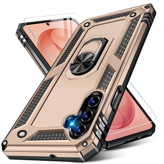 Dteck for Samsung Galaxy S26 Case with Screen Protector, Shockproof Rugged Protective Phone Cover with Metal Ring Stand,Gold