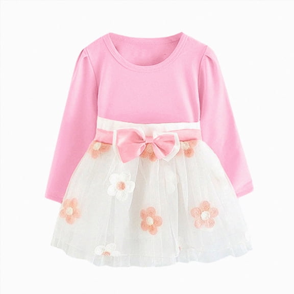 JUMEYU Toddler Girls Tulle Patchwork Dress Long Sleeve Flower Bow Princess Party Dress 4T 5T (Pink,4-5 Years)