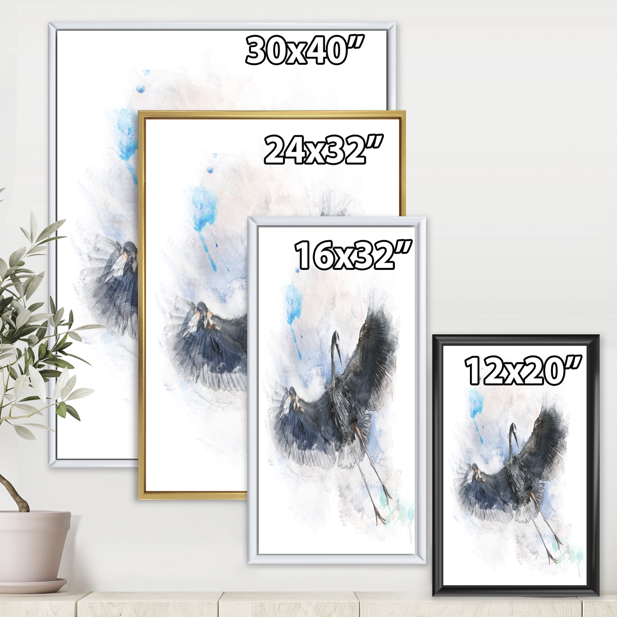 Designart 'Great Dark Blue Heron Bird Illustration' Farmhouse Framed Canvas Wall Art Print