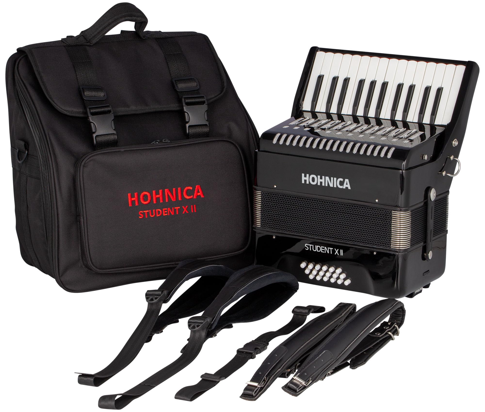 Hohner Hohnica Student XII 44-Key 18 Bass Piano Accordion - Black Bundle with Gig Bag, Adjustable Stand, and Austin Bazaar Polishing Cloth