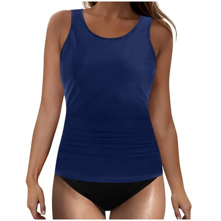 ZQGJB 2 Piece Swimsuit for Women Push up Padded Blouson Tankini Top with Shorts Trendy Color Block Printed Summer Tummy Control Bathing Suit(Navy#01 S)