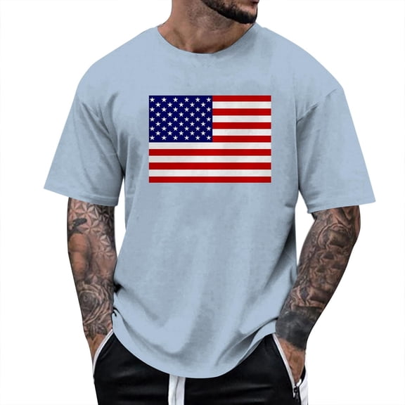 Mens American Flag Patriotic Tshirts Oversized Big & Tall July 4th Graphic Tees Funny 250th Anniversary Summer Tops Light Blue, L