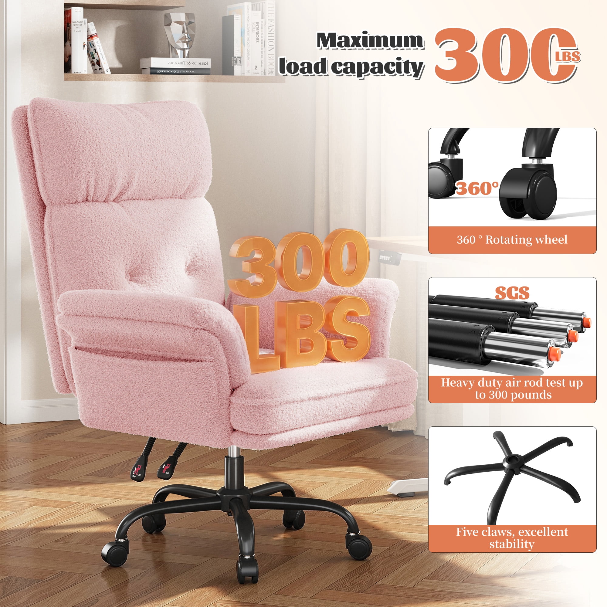 Romorgniz Criss Cross Chair with Armrests & Wheels Ergonomic Computer Gaming Chair with Two Side Pockets Teddy Plush Wide Seat Reclining Desk Chair for Home Office, Pink