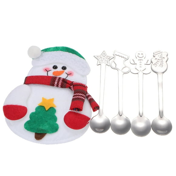 5 Pcs Cuillères en Acier Inoxydable et Sac d'Emballage 4 Pcs Cuillères de Noël Portables Cuillères de Service Dessert Cuillères à Café Thé pour Fête de Noël (Couleur Primaire)