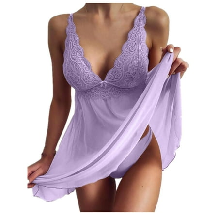 Sexy Lingerie for Women  Sexy Lingerie for Women Plus Size  Lace Babydolls Lingerie for Women Exotic Sexy V Neck Mesh Slips  Bridal Sleepwear  Purple(L)