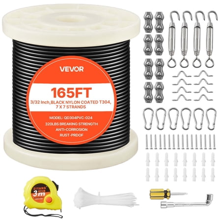 VEVOR 3/32 Inch Wire Rope Kit, 165 ft Length, 304 Stainless Steel Wire Cable, 450 lbs Breaking Strength, 7 x 7 Strands Construction, Steel Cable for Deck Railing System, Garden Trellis, String Lights