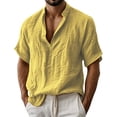 thumbnail image 2 of Men's Linen Shirt, Solid Color Short Sleeve Button Down, Summer Beach Holiday Top For Casual Streetwear & Vacation Yellow XL, 2 of 9