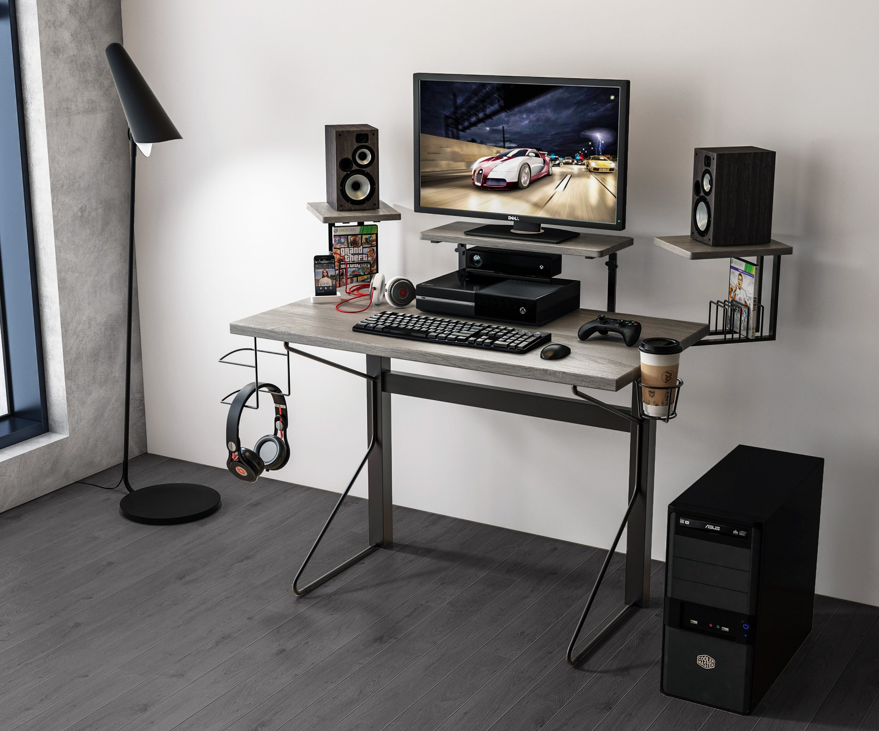 Carnegie Computer Gaming Desk, Gray/Natural