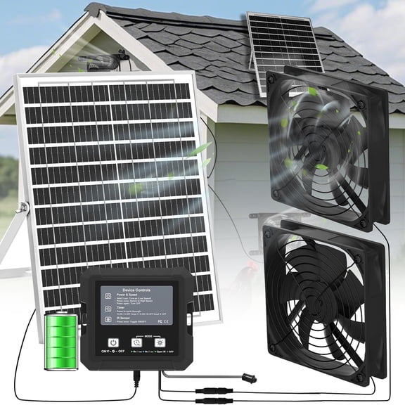 Solar Powered Fan for Shed & Greenhouse, Solar Exhaust Fan with 20W Solar Panel & 3000 RPM Dual Exhaust Fan, Intake or Exhaust Air Fan for Outside Backyard Chicken Coops, Dog house, Gardens