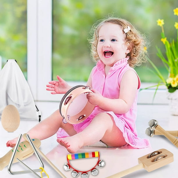 Set De Instrumentos Musicales De Madera Montessori – 5 Piezas: Sonajero, Campanas Y Trompeta Para Bebés