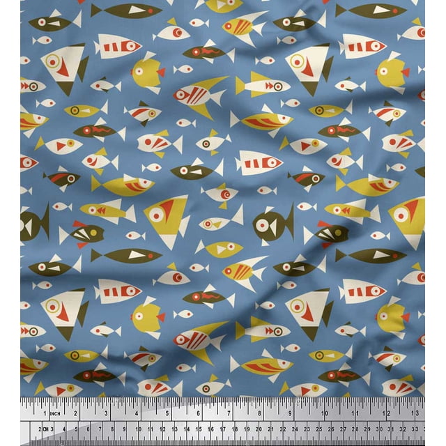 Soimoi Blue Georgette Viscose Fabric Fish Ocean Print Fabric by the Yard 42 Inch Wide