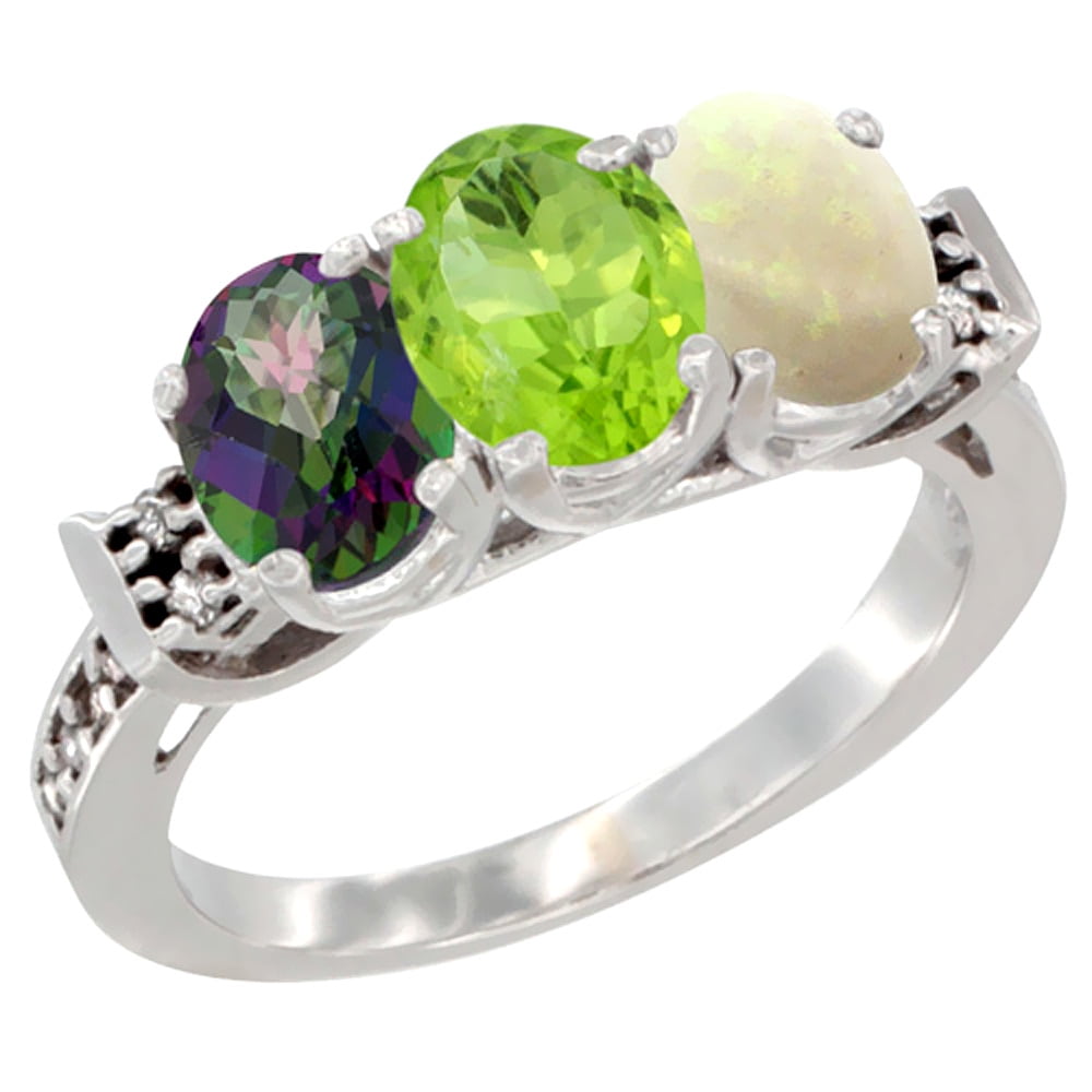 10K White Gold Natural Mystic Topaz, Peridot & Opal Ring 3-Stone Oval 7x5 mm Diamond Accent, sizes 5 10 by WorldJewels