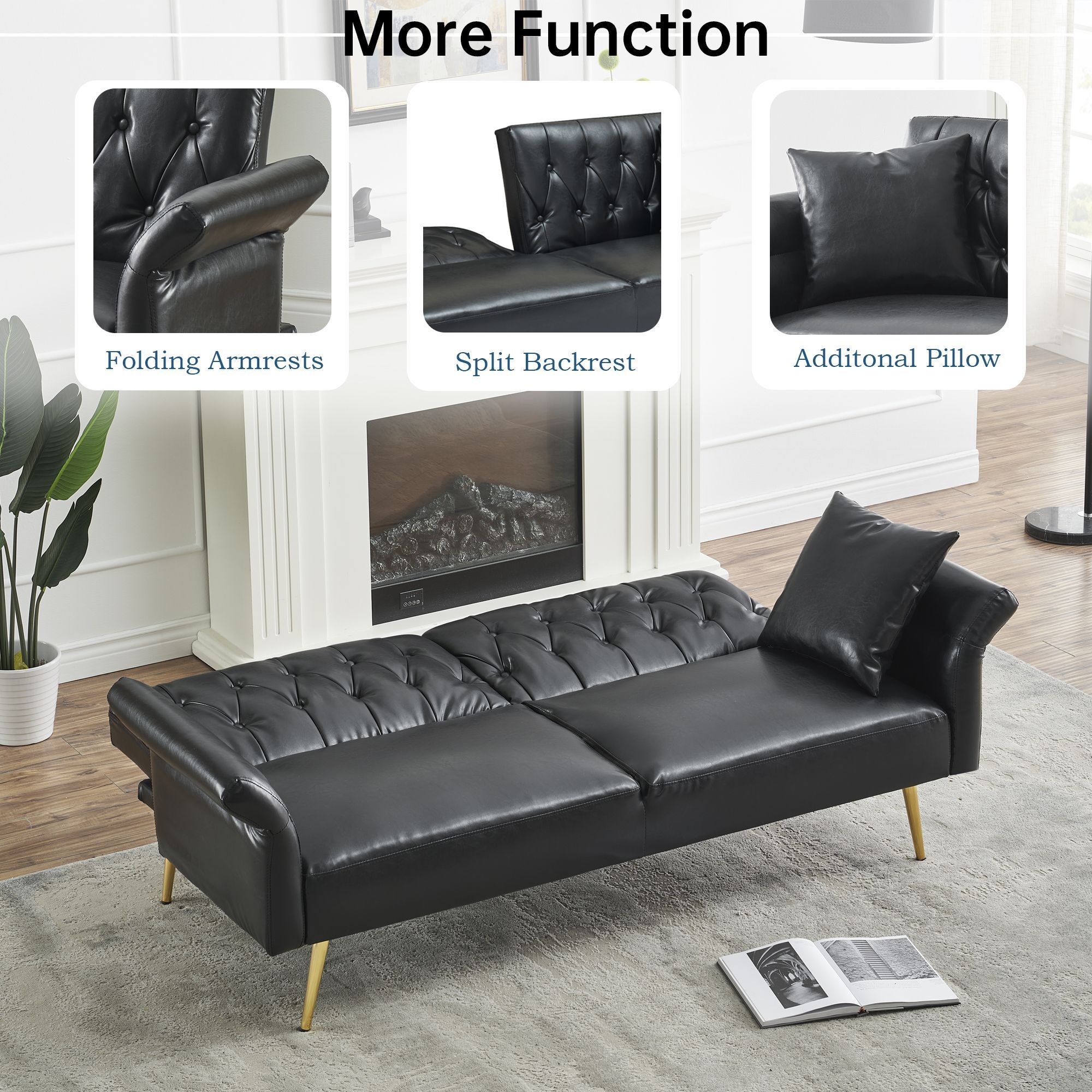 DEALTOPS Convertible Futon Sofa Bed, Faux Leather Loveseat Couch with Adjustable Armrests and backrests, Black