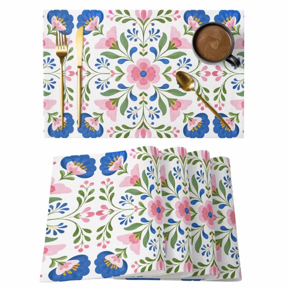 Bohemian Flowers Placemats Set of 1, Country Tribal Abstract Pink Blue Floral Green Leaf Non-Slip Place Mats Washable Table Mats for Kitchen Dining Table Decorations Indoor/Outdoor