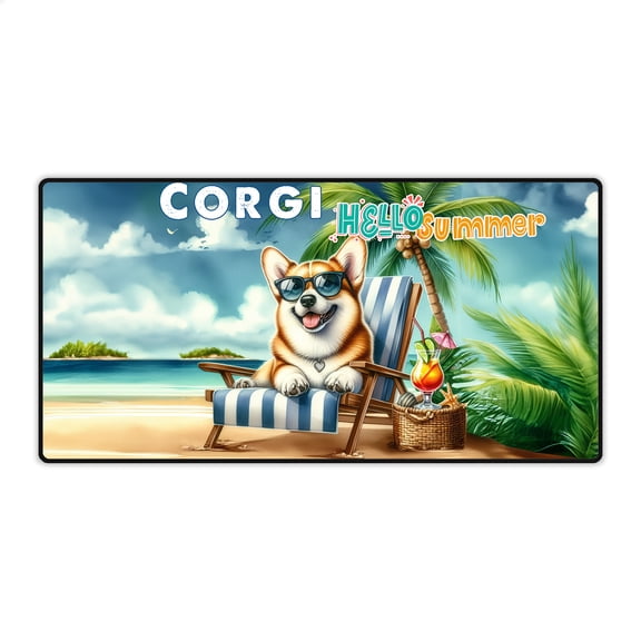Corgi Hello Summer Beach Theme with Sunglasses and Tropical Cocktail Desk Mat Full Keyboard Mouse Pad Welsh Corgi Dog Lover Gifts Idea Large Mousepad - 00009