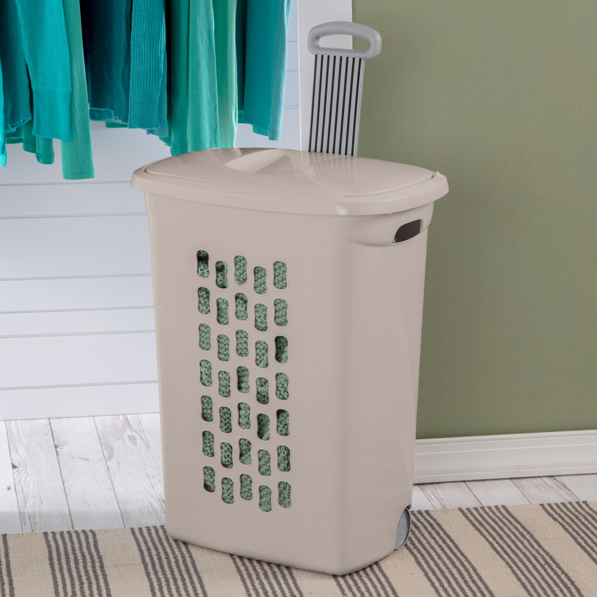 Sterilite 3-Pack Ultra Wheeled Hamper, Laundry Basket with Lid and Handle, Gray Pumice