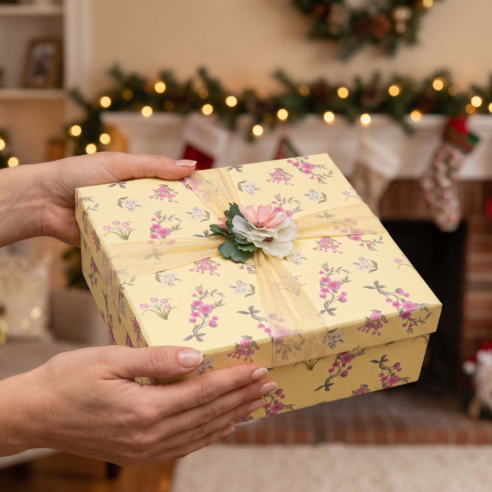 Unique Bargains Elegant Rigid Present Gift Box with Printed Ribbon Yellow 7.5"x7.5"x3.1"