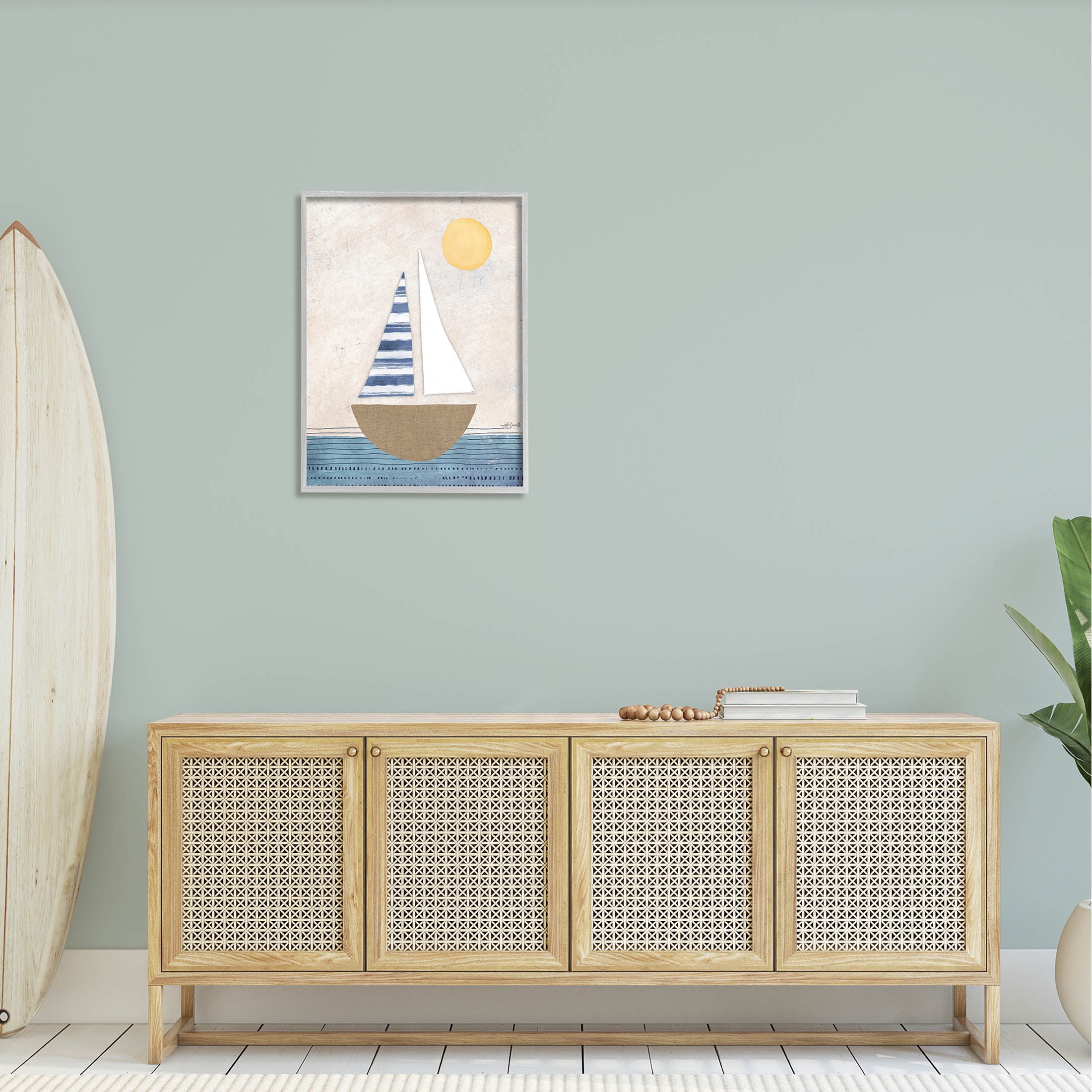 Stupell Industries Geometric Sailboat Striped Ocean Water Graphic Art Gray Framed Art Print Wall Art, Design by Katie Doucette