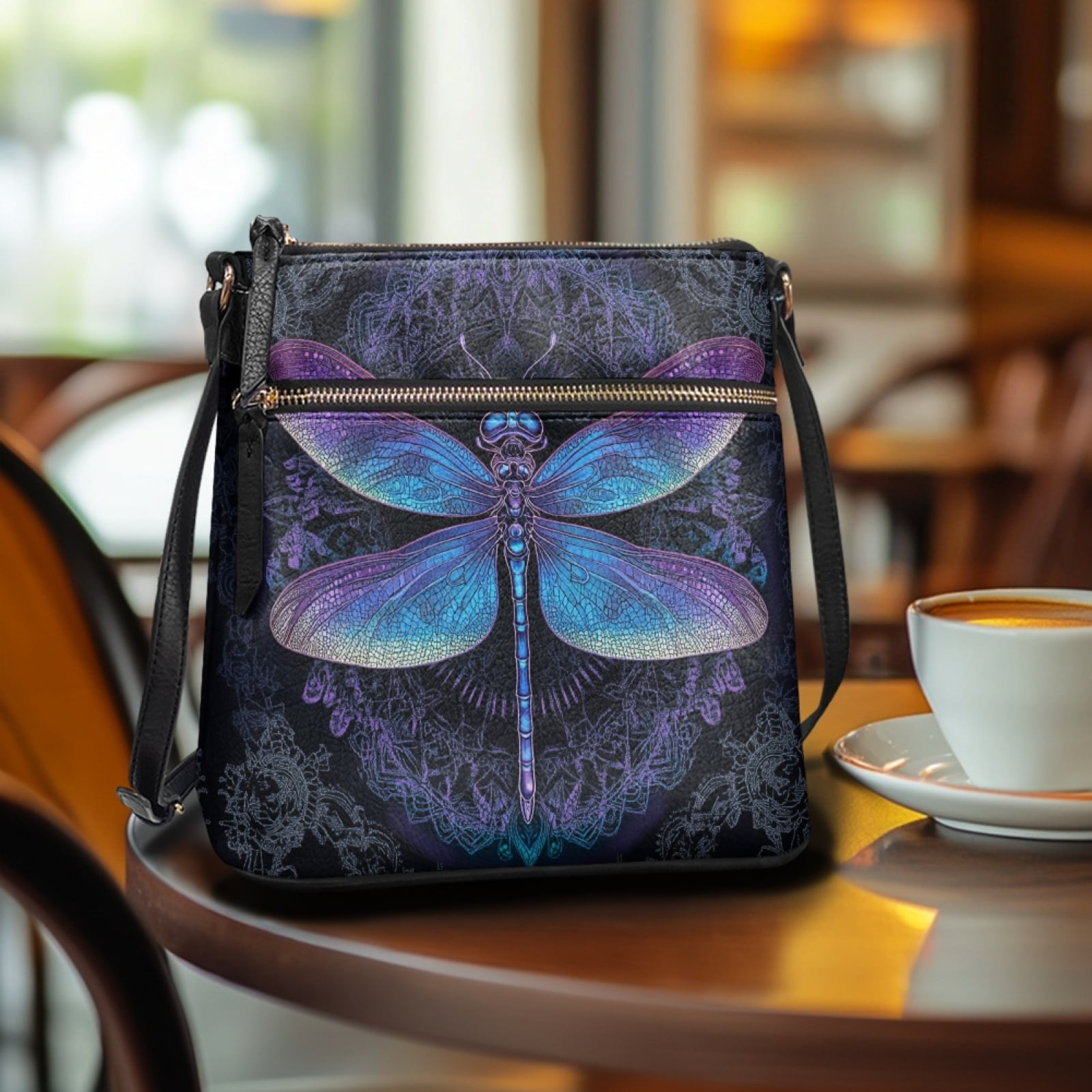 LedBack Dragonfly Print Leather Women Crossbody Satchel Bag Portable Mandala Flower Shoulder Handbag with Adjustable Strap Zipper Hobo Bag Cross Body Bag with Multi Pocket, Blue