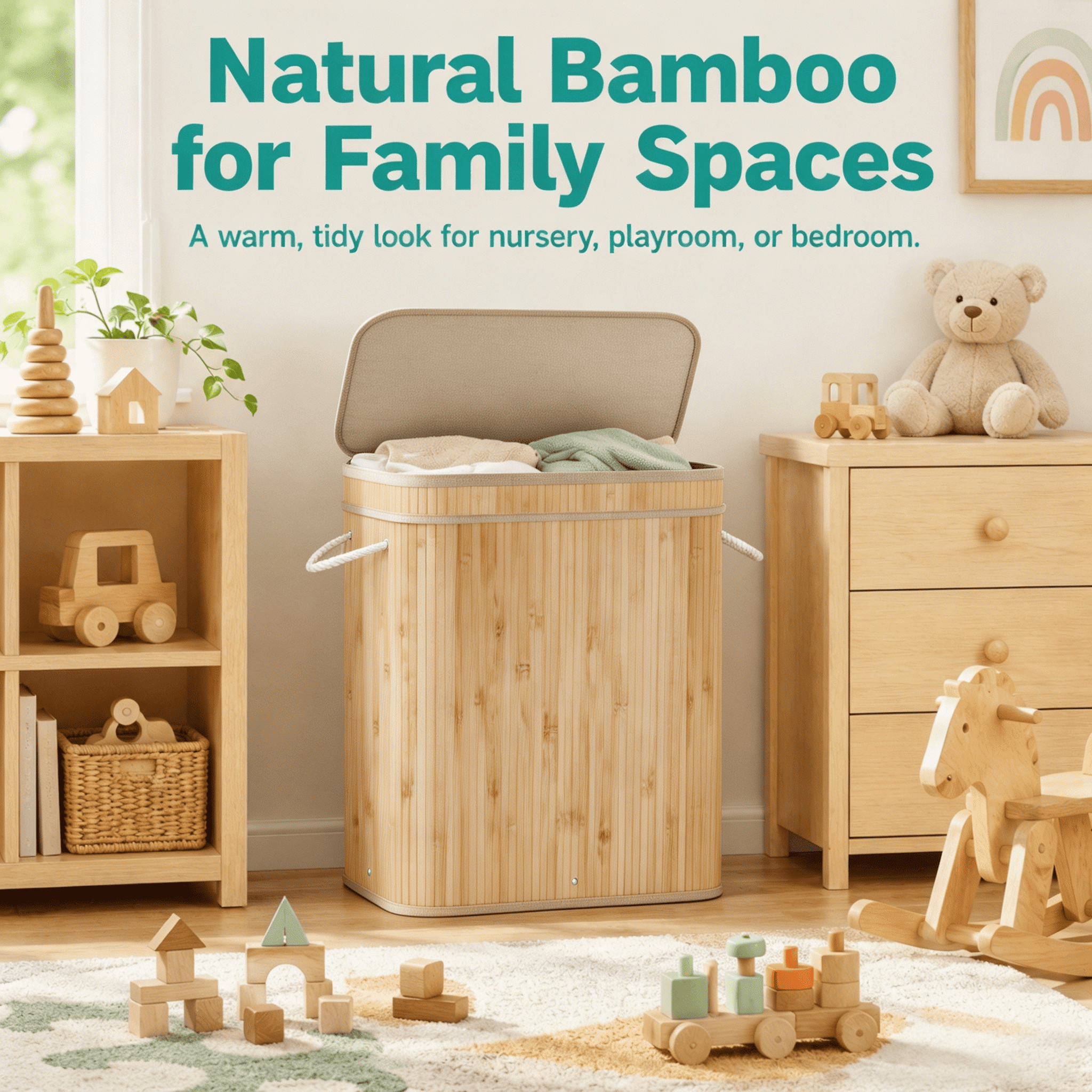 MEHOOM Laundry Hamper, 100L Foldable Laundry Basket with Lid and Handles (Natural Bamboo)