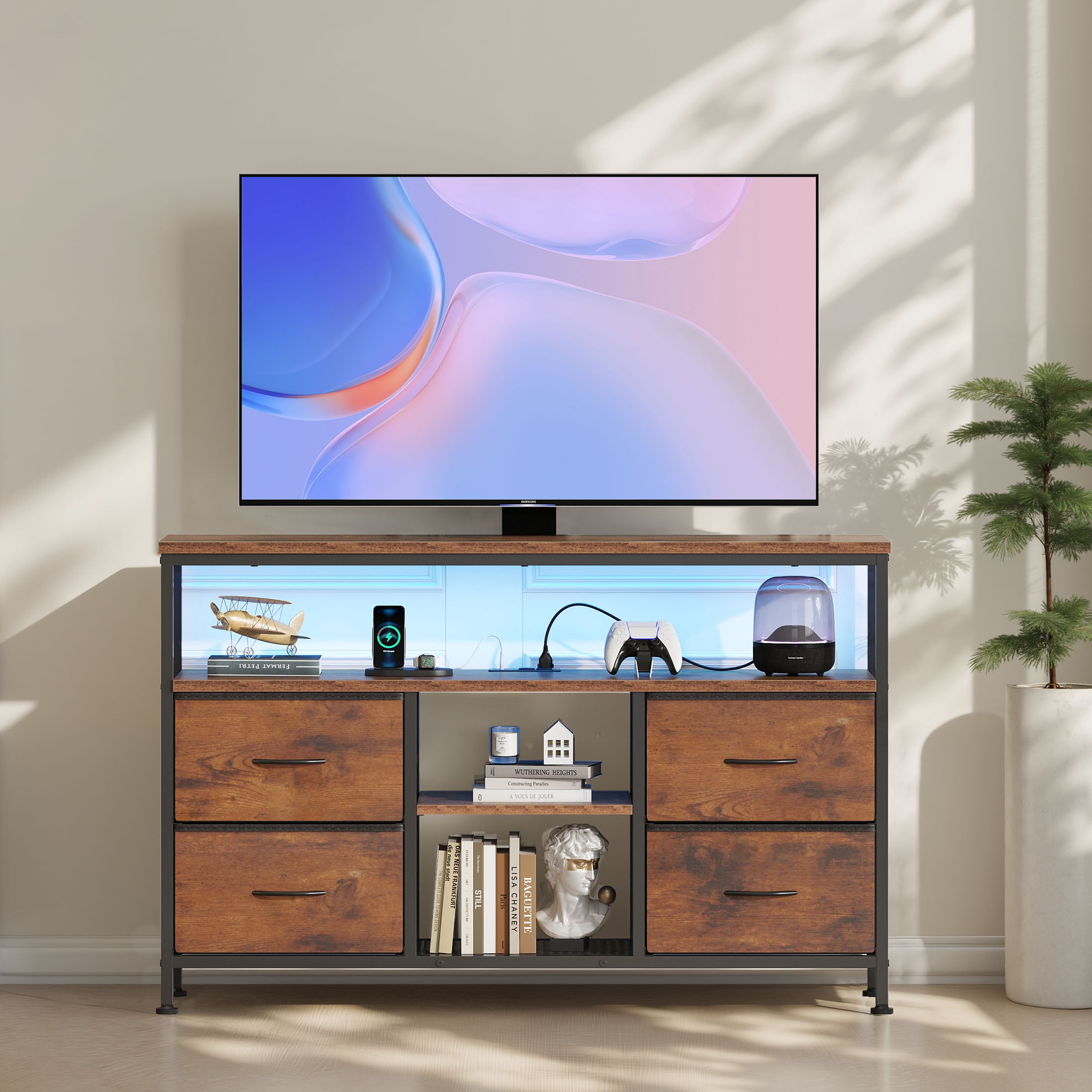 MCQ 43" TV Stand with 4 Fabric Drawers, Built-in Outlet - Perfect for Living Room and Bedroom, Rust