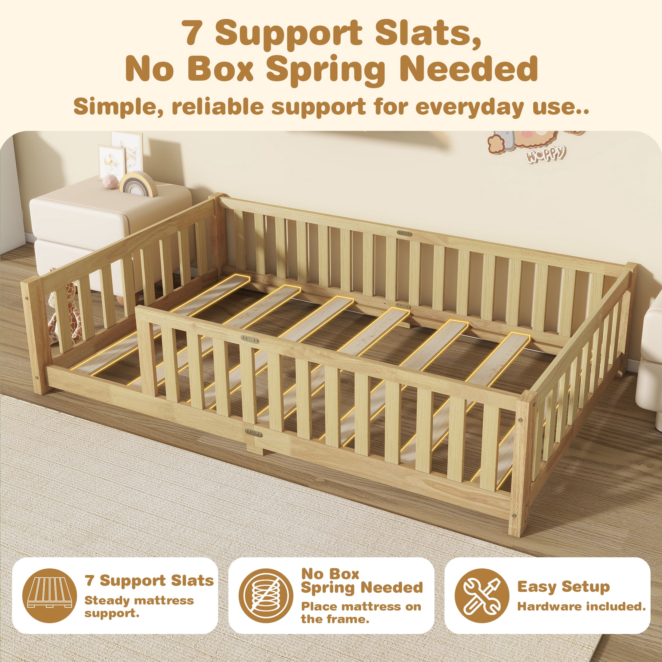 Sesslife Twin Montessori Floor Bed, Wood Twin Size Floor Bed Frame with Safety Guardrails and Slats, Low Profile Toddler Bed for Kids Boys and Girls, No Box Spring Needed, Natural
