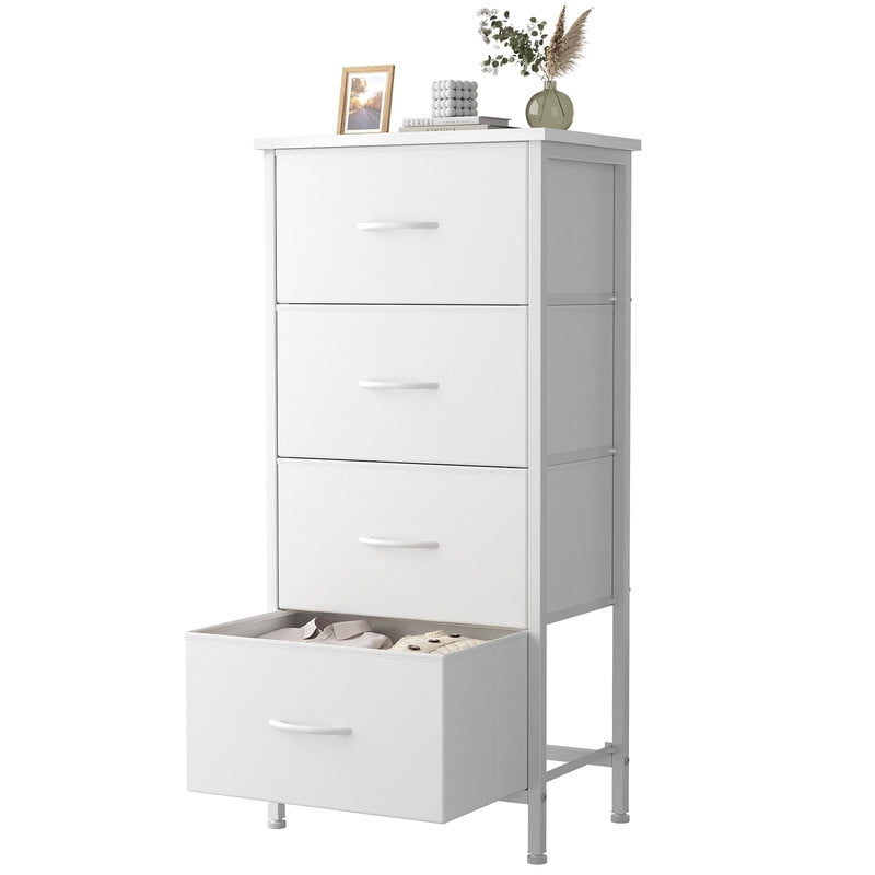 Kelno 4 Drawer Fabric Dresser Steel Frame Storage Chest Organizer with Wood Top, White