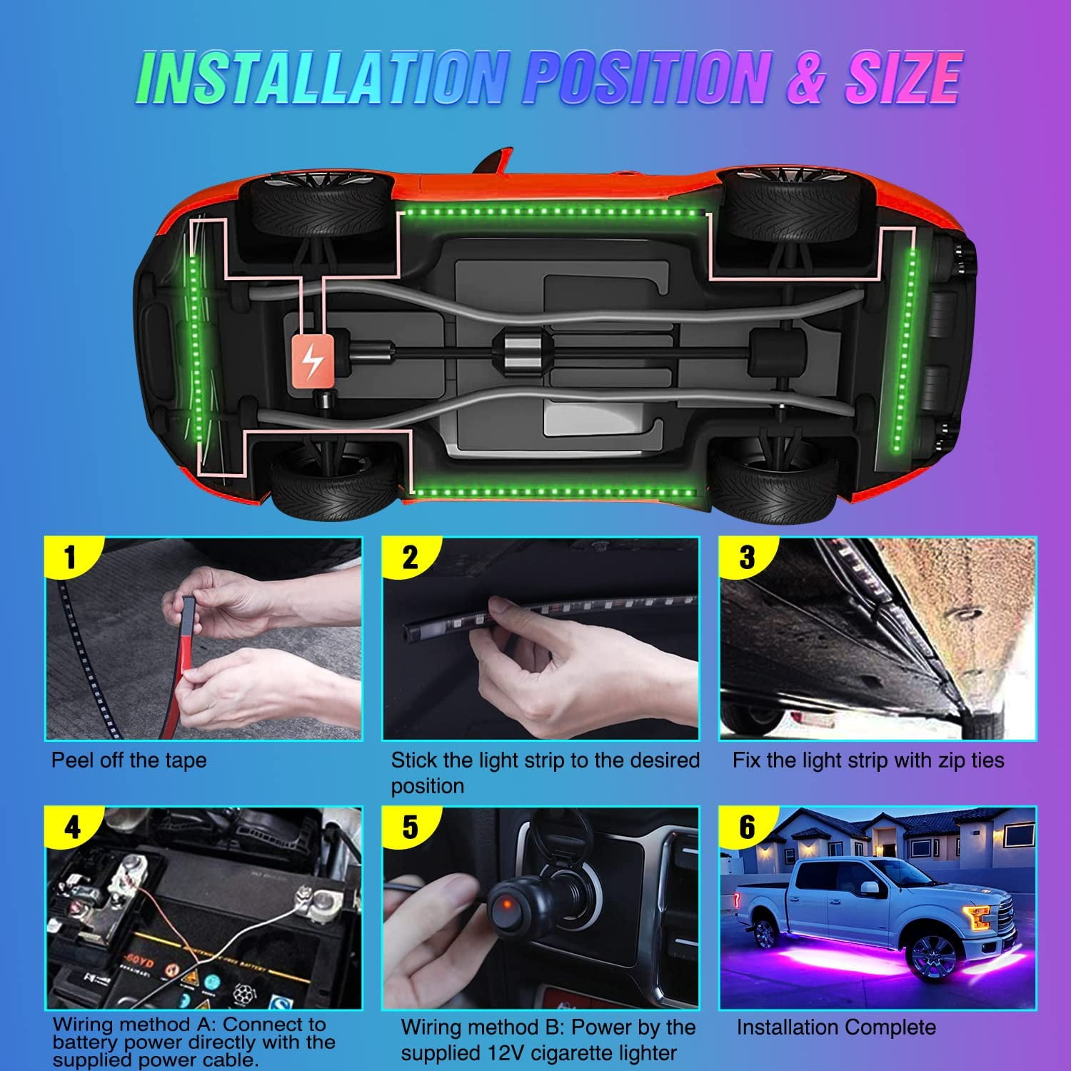 4PCS Car Underglow Neon Accent Strip Lights LED RGB 8 Color Sound Active Function Music Mode with Wireless Remote Control Underbody Light Strips for Cars Van SUV Truck