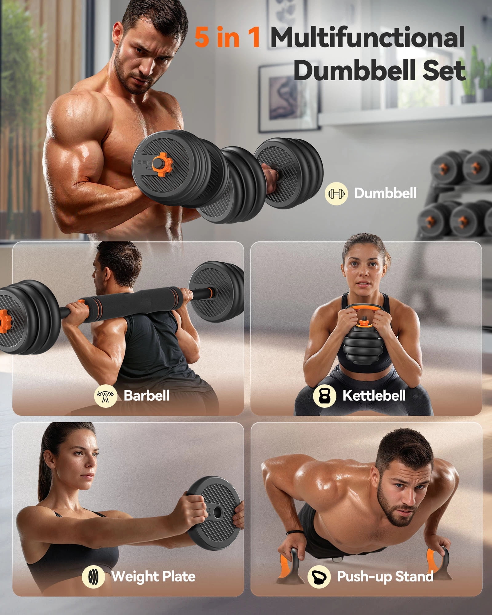 FED Adjustable Dumbbells, 70lbs Free Weight Set with Connector, 5 in1 Dumbbells Set Used as Barbell, Kettlebells, Push up Stand, Weight Plate, Fitness Exercises for Home Gym Suitable Men/Women