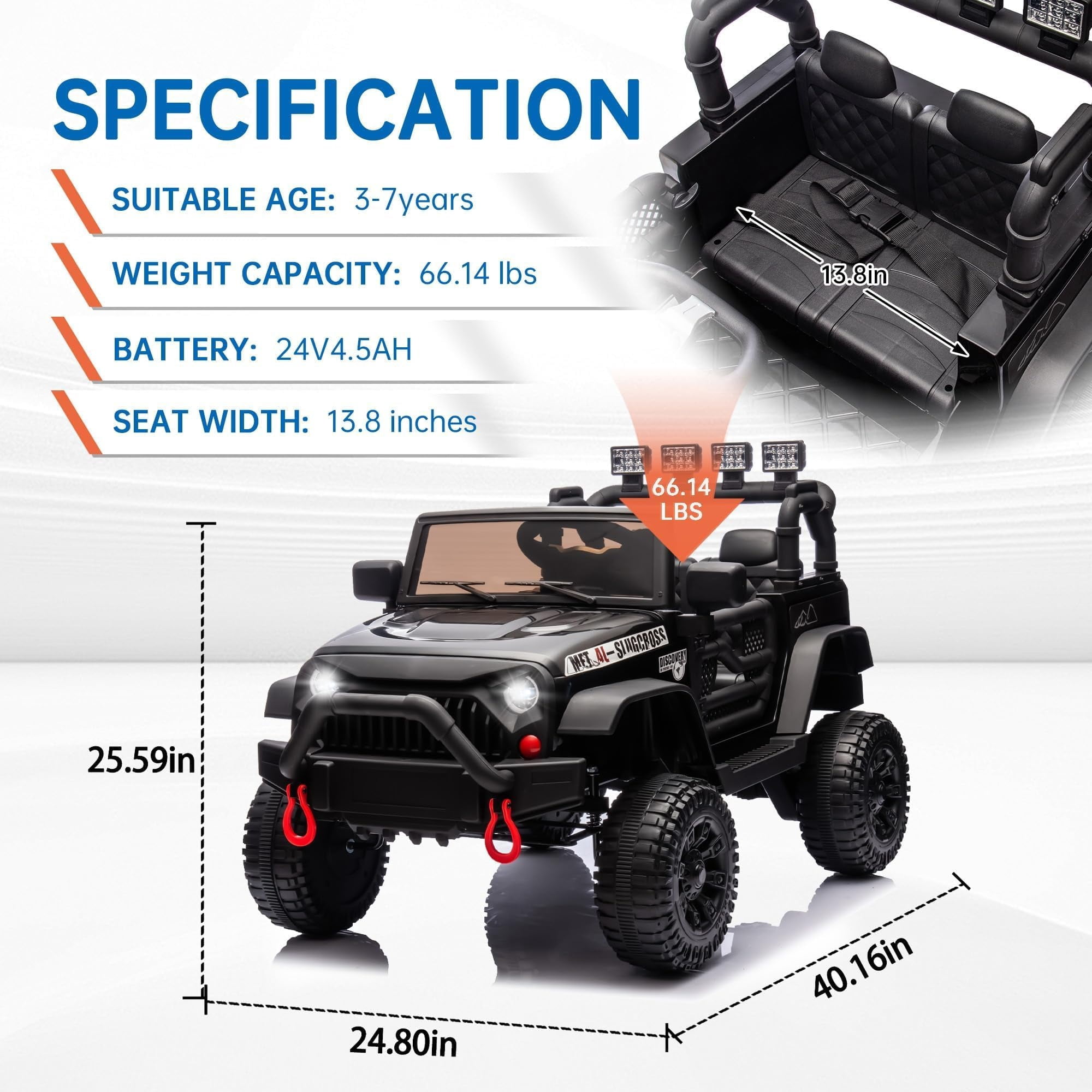 DYNALUNE  24V Kids Ride on Jeep, 400W Battery Powered Car with 4-Wheel Suspension & Music