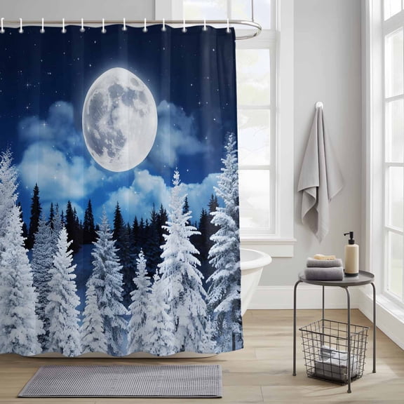 Winter Moon Fabric Shower Curtain for Bathroom Waterproof Polyester Bath Curtain with 12 Hooks Starry Night Snowy Forest Landscapes Washable Shower Curtain with Grommets 36"x78"