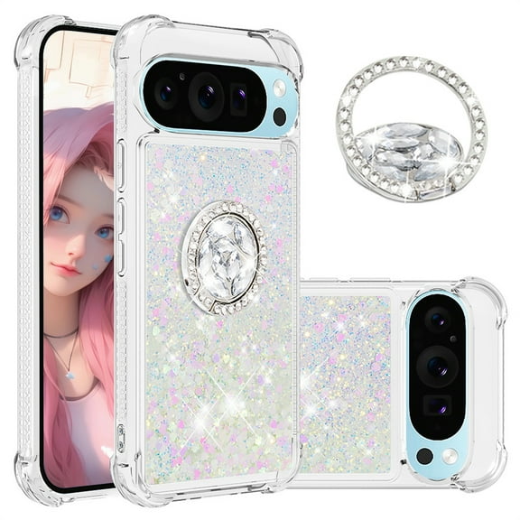 CCSmall for Google Pixel 9 Pro XL Case Clear Glitter Bling for Women, Flowing Liquid Quicksand Sparkly Cover with Diamond Ring Holder Case for Google Pixel 9 Pro XL LSZ Colorful