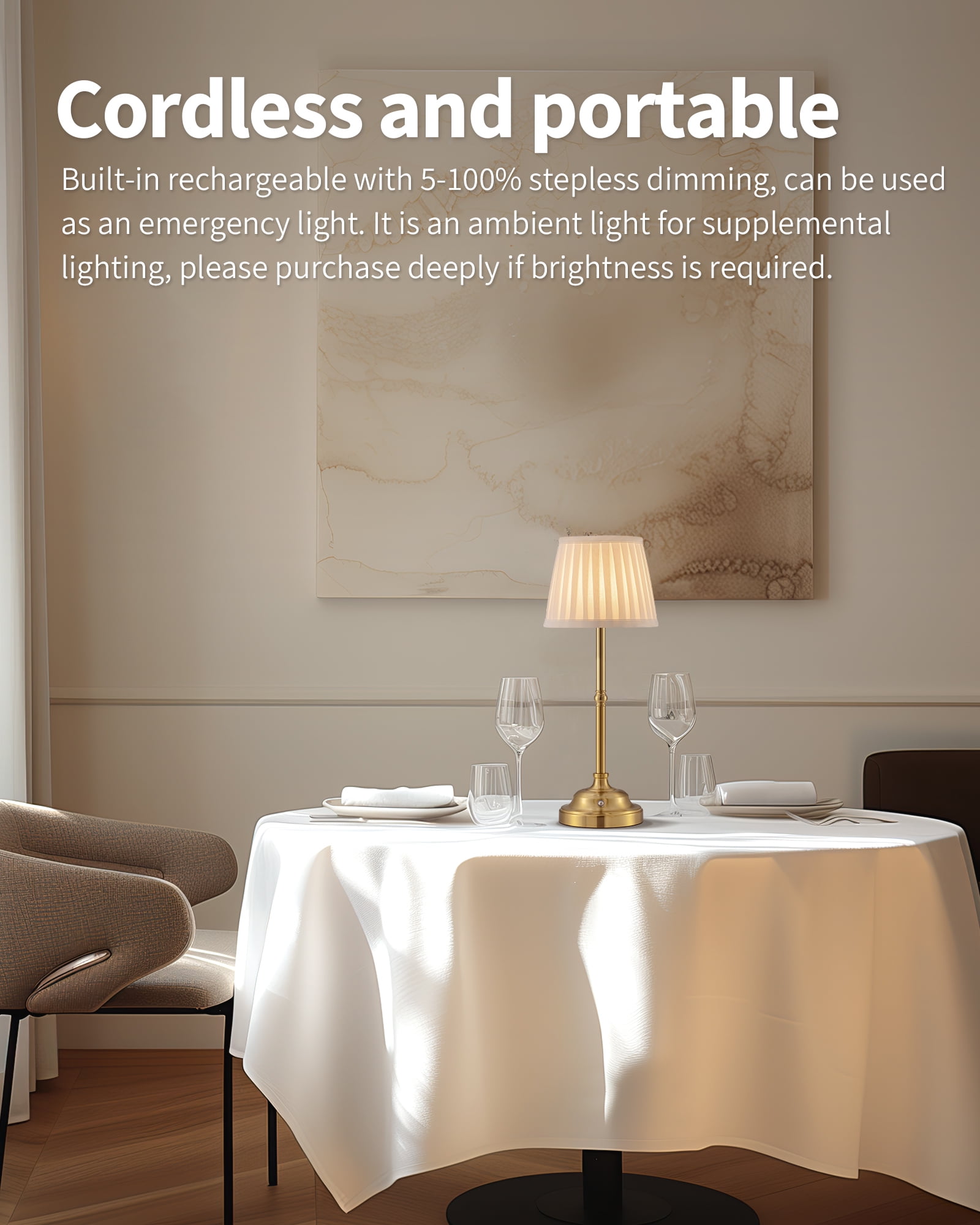 KDG Cordless LED Table Lamp Set of 2, Portables Fabric Shade Desk Lamps, 5000mAh Rechargeable Battery Powered Lighting, Dimmable Light for Dining Room, Bedroom,  Balcony (Bronze)