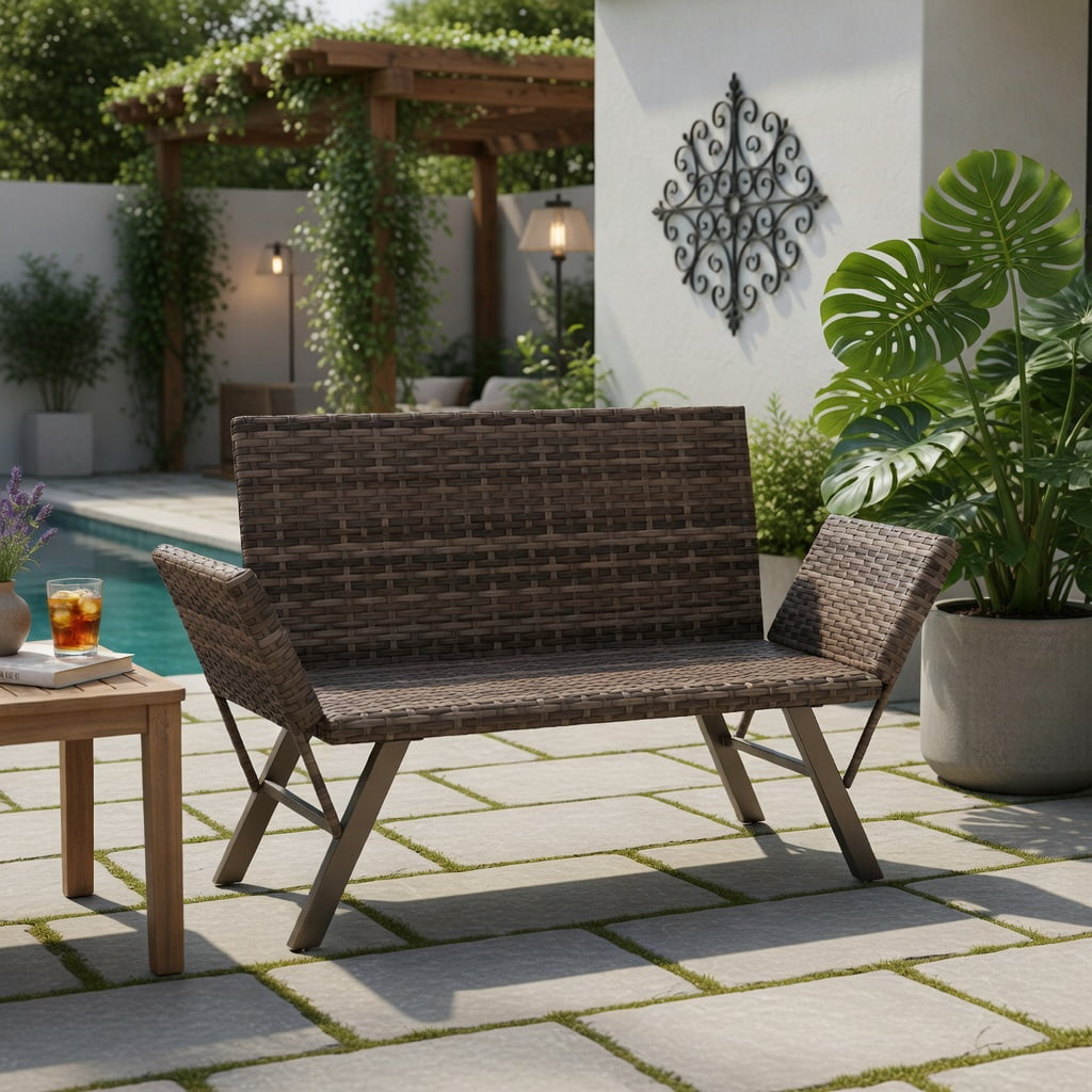Hommoo Convertible Patio Loveseat Sofa, 2-Person Rattan Outdoor Sofa with Adjustable Armrests, Quick-Dry Foam Cushions, Heavy-Duty Metal Frame, Natural