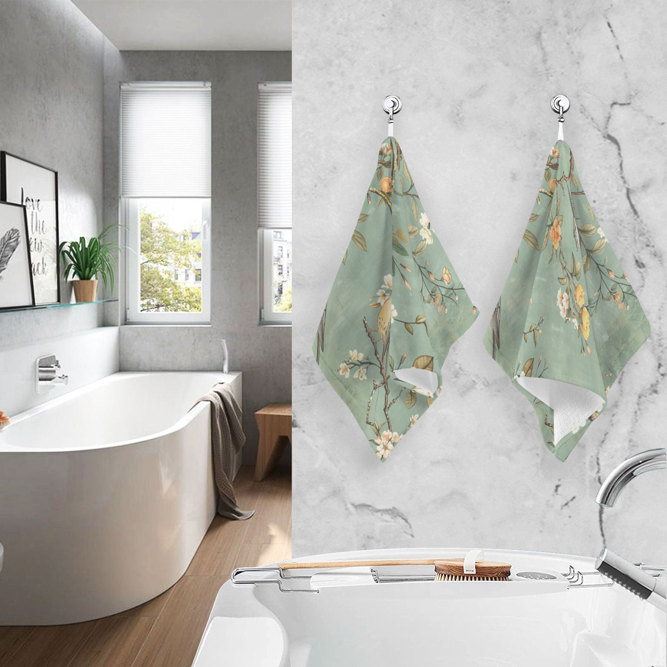 Vintage Chinese Bird and Flower Hand Towel Set 2 Pcs Cotton Absorbent Soft Face Towels 400 GMS Bath Towels for Bathroom Kitchen Shower Hotel Decor 16"x28"