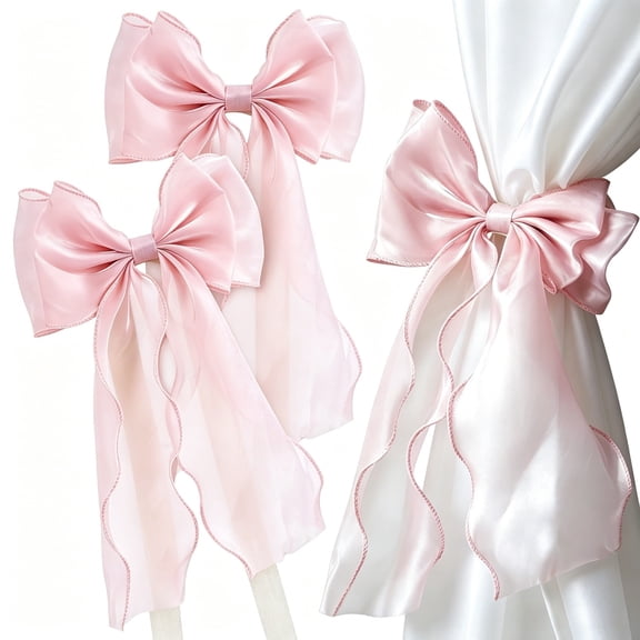 Pink Bow Curtain Tiebacks Silky Ribbon for Home Bedroom Decoration(2 Pcs)