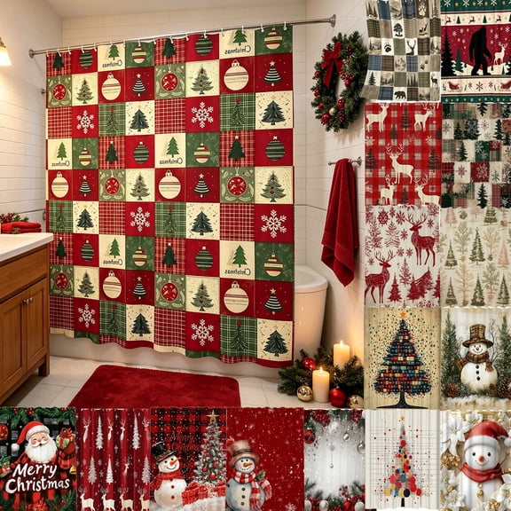 Dmlowu Extra Long Shower Curtain, 71x59in No-Drill Waterproof Bath Curtain with 12 Hooks, Machine Washable, Christmas Bathroom Decor for Home