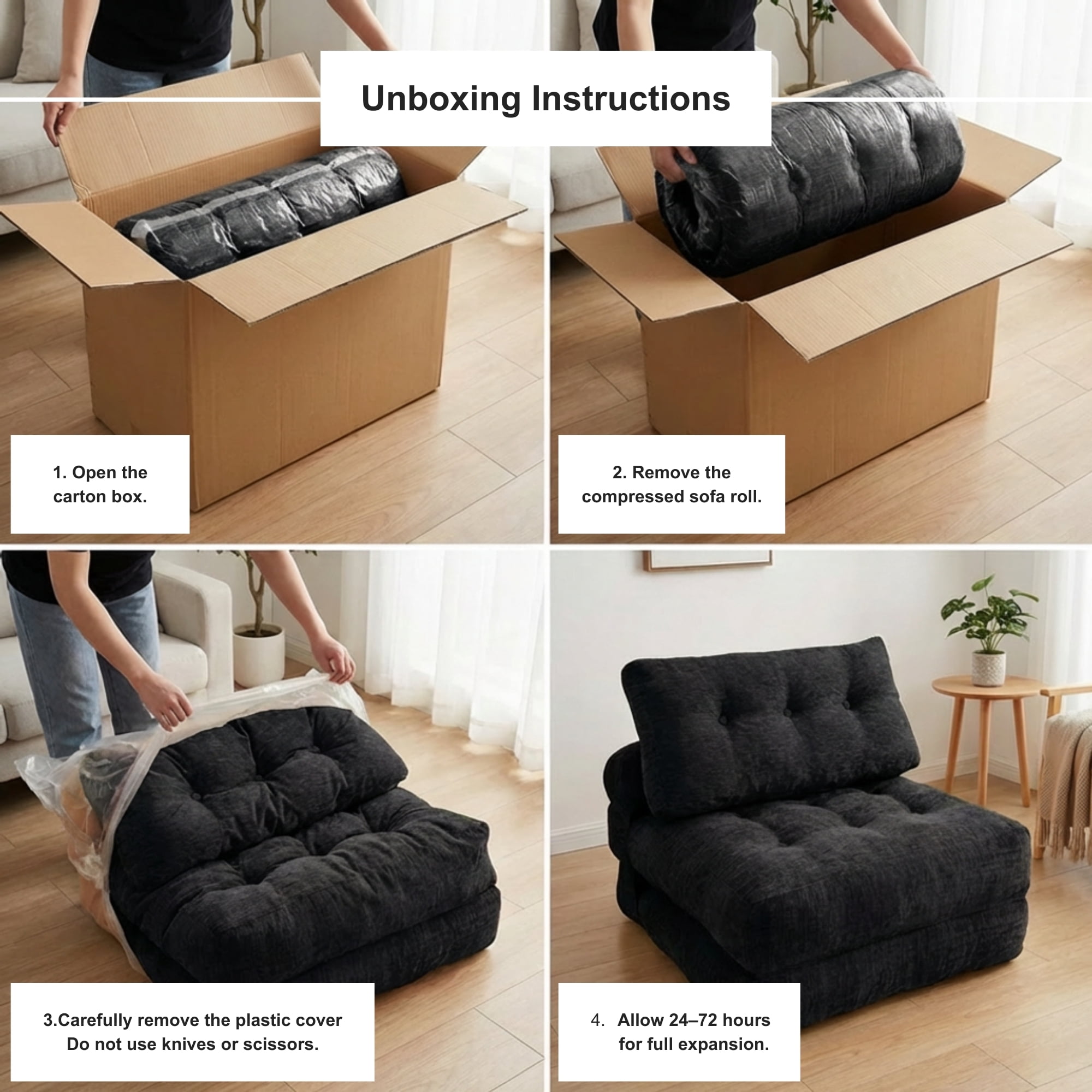 Oak and Birch Boneless Folding Sofa Bed, Convertible Floor Futon Chaise Lounge & Sleeper Bed, Shredded Foam Floor Couch for Living Room, Bedroom, Kids Room, Apartment, Chenille, Black