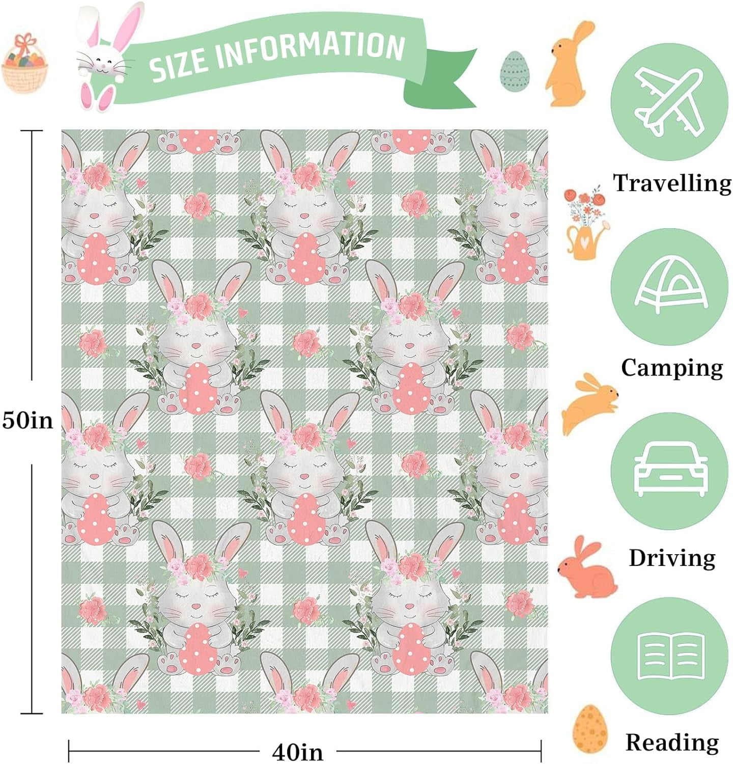 Luxury Plush Easter Blanket Red Blue Green Yellow Colorful Bunny Throw Blanket for Couch,Lightweight Soft and Warm Throws Blankets for Sofa Bed Living Room in Spring 40" x 30"