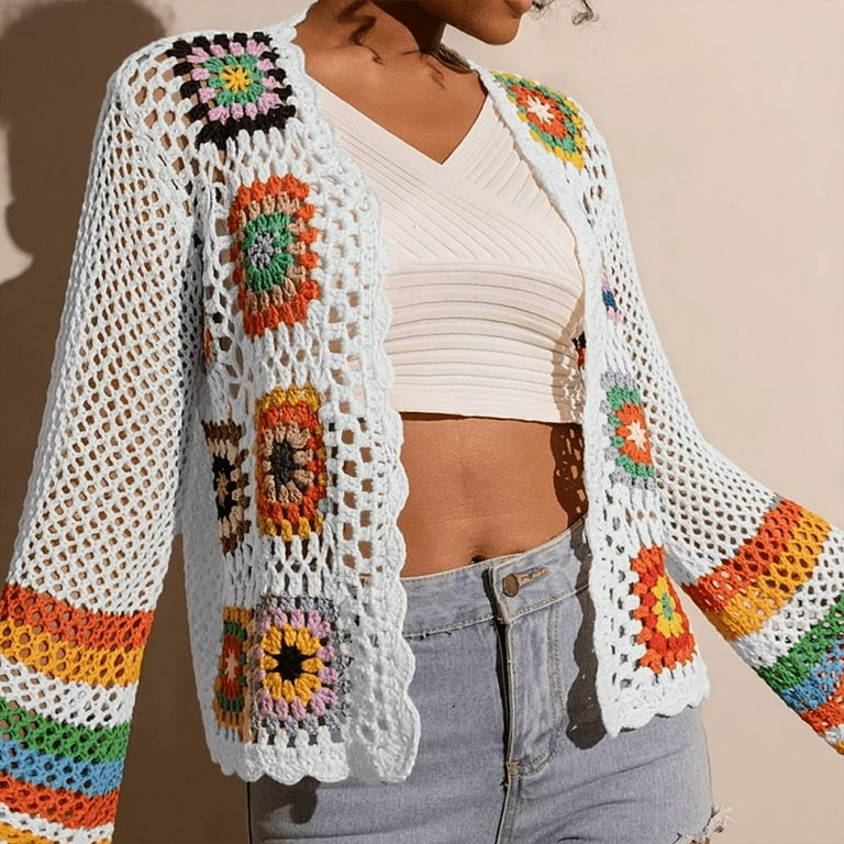 MORTTIC Women's Floral Crochet Kimono Cardigan Long Sleeve Open