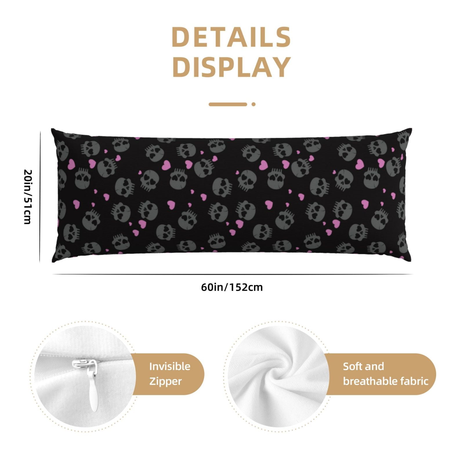 Naloa Cool Skull Love Super Soft 20x60 Body Pillow Case,Long Side Hidden Zipper（PILLOWS ARE NOT INCLUDED）
