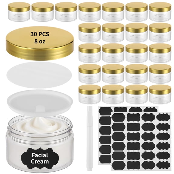 30PCS 8oz Plastic Lotion Containers with Lids, Refillable Clear Cosmetic Jar with Leakproof Gasket & Inner Pull Tab, Empty Round Sample Container for Cream Lotion Body Butter Makeup Travel Storage