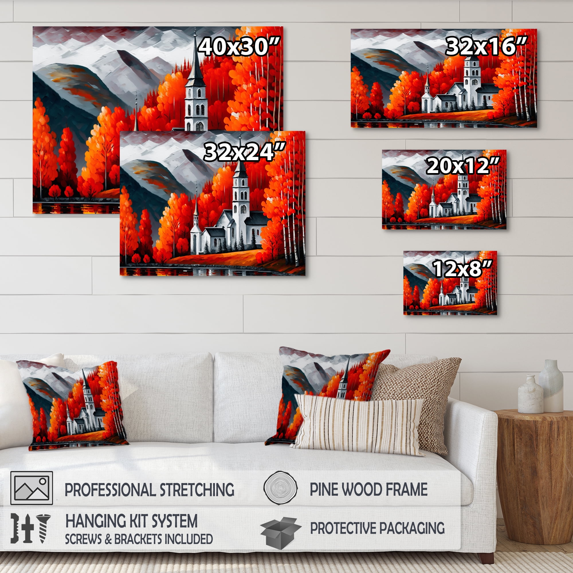 Designart Monochrome Orange Church In Winter Canvas Wall Art