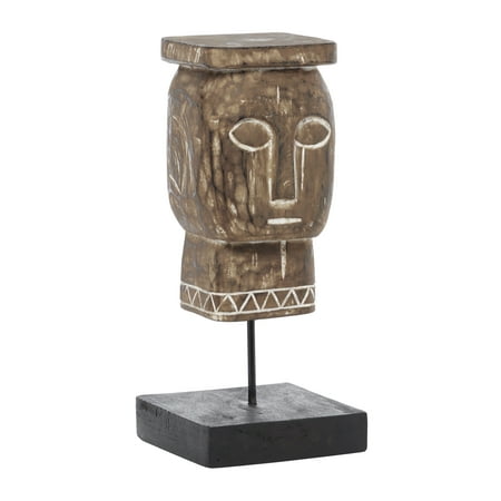 DecMode Carved Mango Wood Face Sculpture on Steel Stand