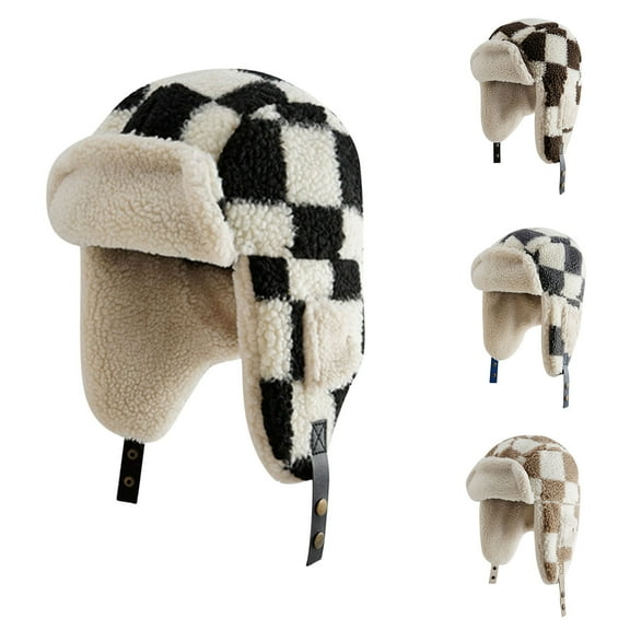 Eltusu Women Beanie Hat with Ear Flaps, Windproof Plaid Comfy Winter Thermal Hats Black Size Free Size