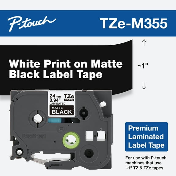 Brother P-Touch TZE-M355 White Print on Premium Matte Black Laminated Tape