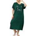 thumbnail image 3 of MODA NOVA Juniors' Plus Size Nightgown Cat Print with Pocket Sleep Dress Sleepwear 4X Dark Green, 3 of 7